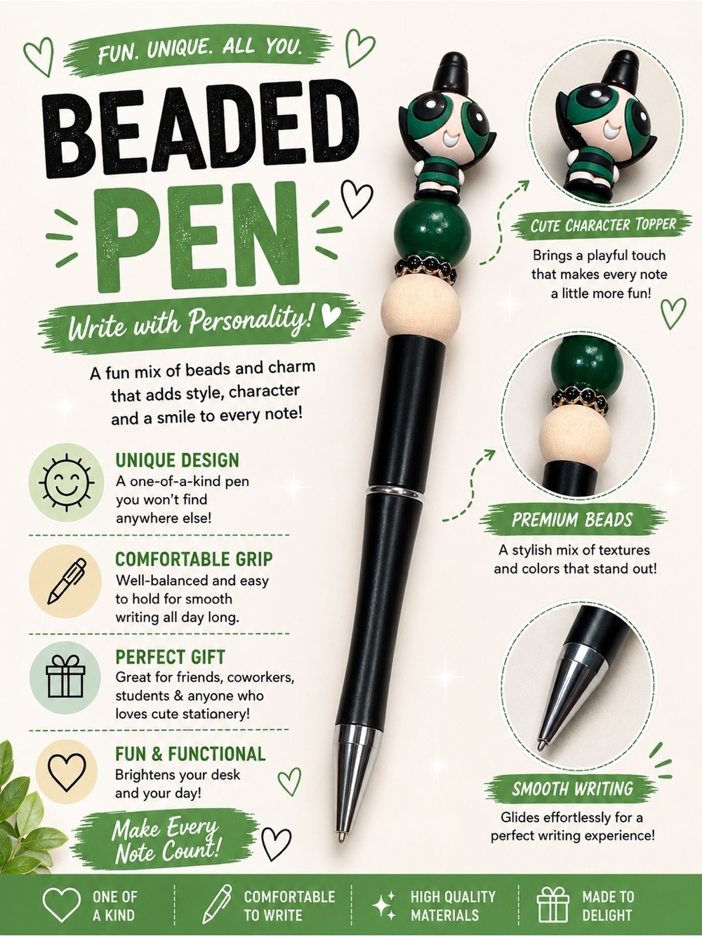 Power puff girls Beaded Character Topper Pen - Black with Green Accents
